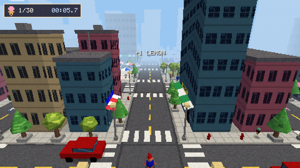 View from above a street: pastel apartment blocks, trees, a red car, the dude crossing a zebra crossing