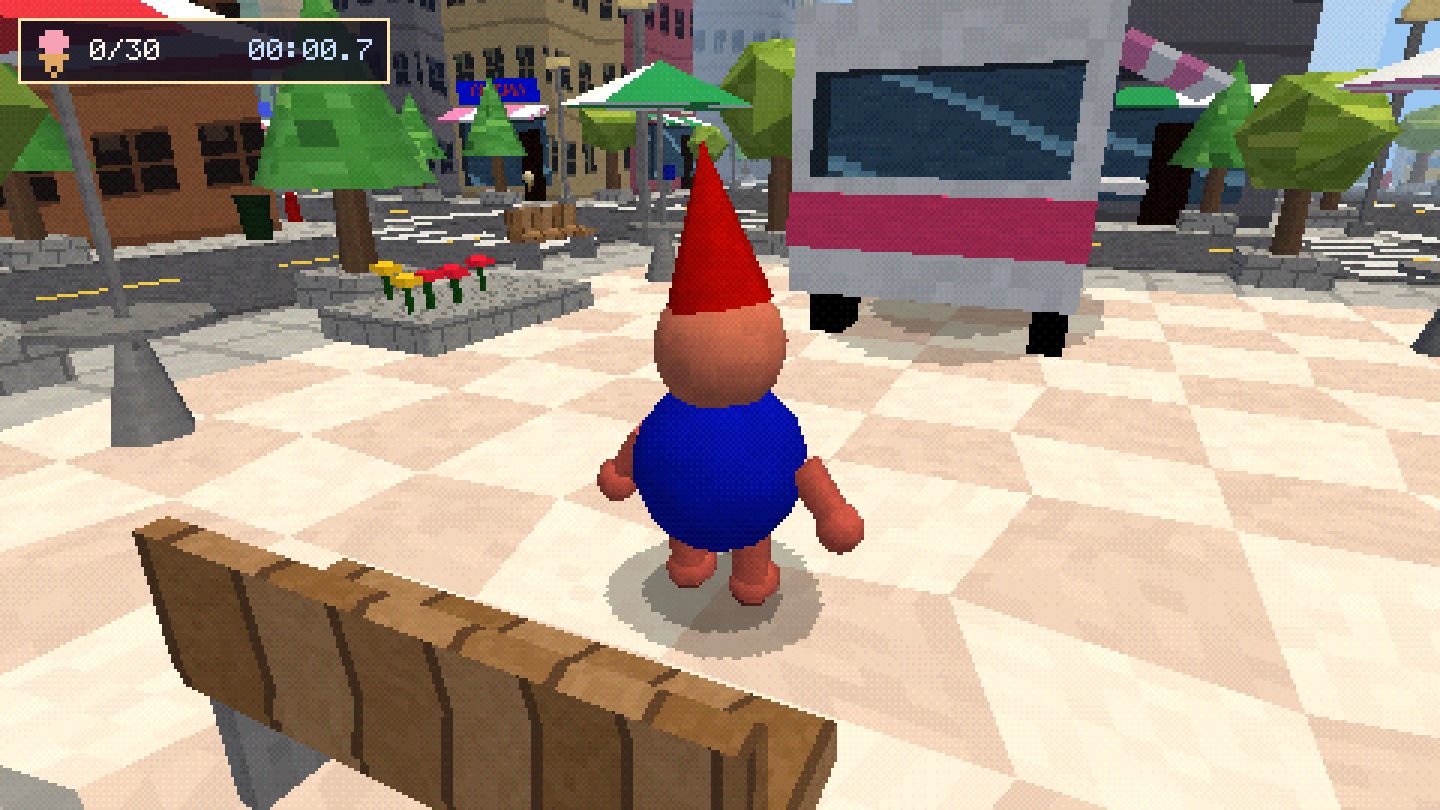 Close-up of the dude: red cone hat, round blue body, pink stubby limbs, standing by a park bench
