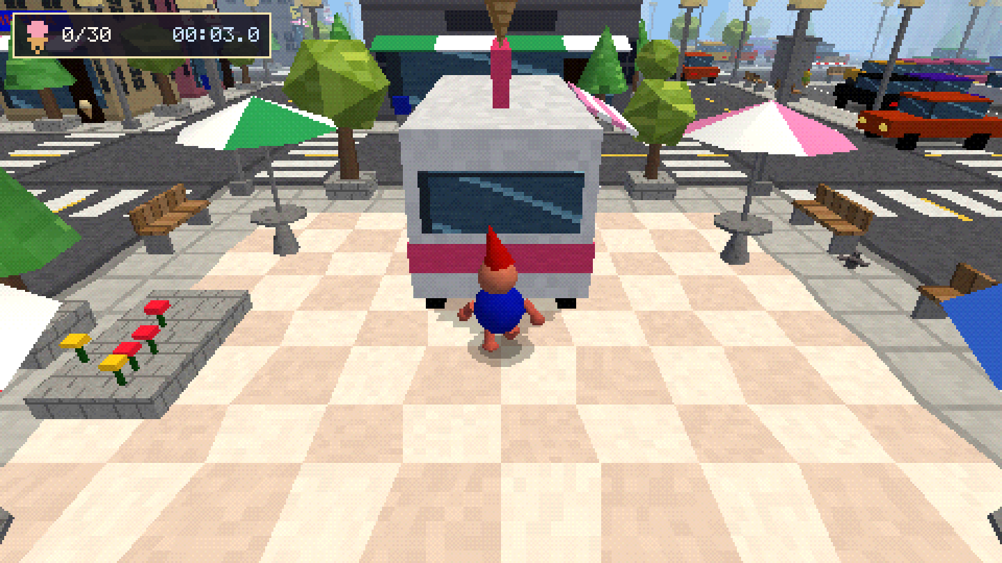 The dude running across a checkered plaza toward the ice cream truck, umbrellas and cars in the background