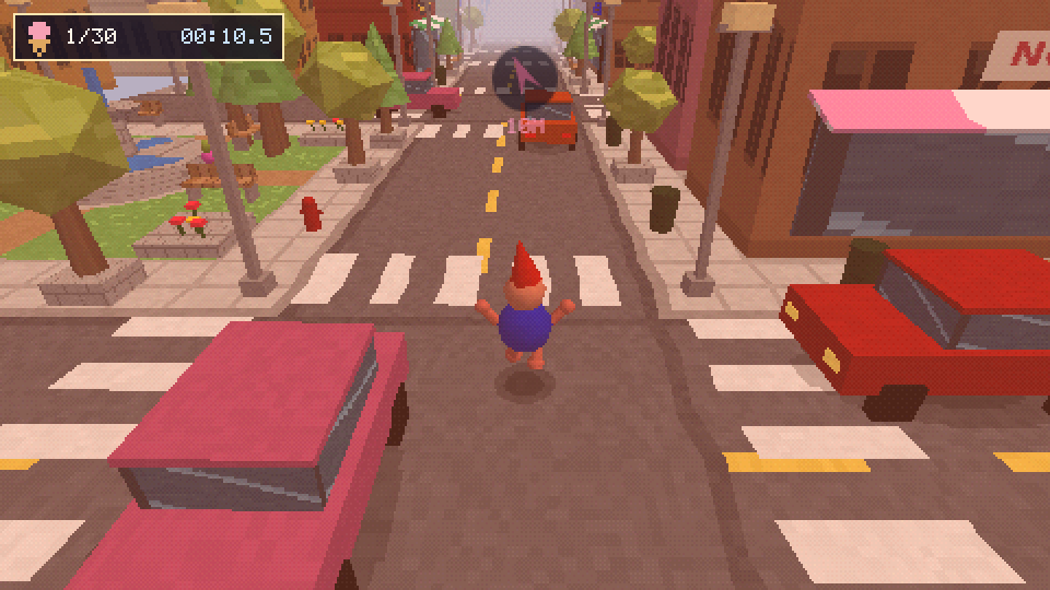 The dude standing in the middle of a road between a pink car and a red car