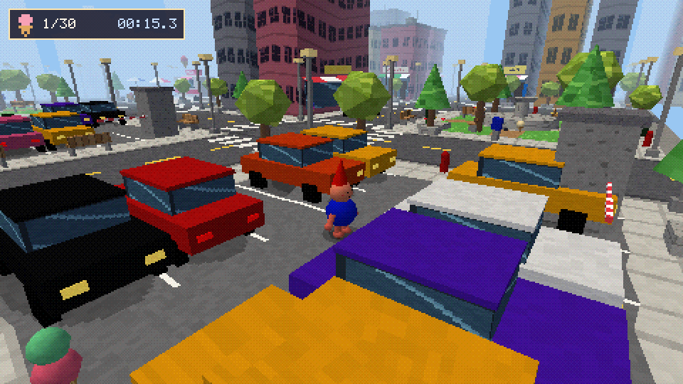 A parking lot full of parked cars in bright colours
