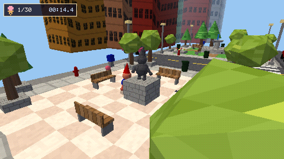 A checkered plaza with a stone statue on a plinth and benches