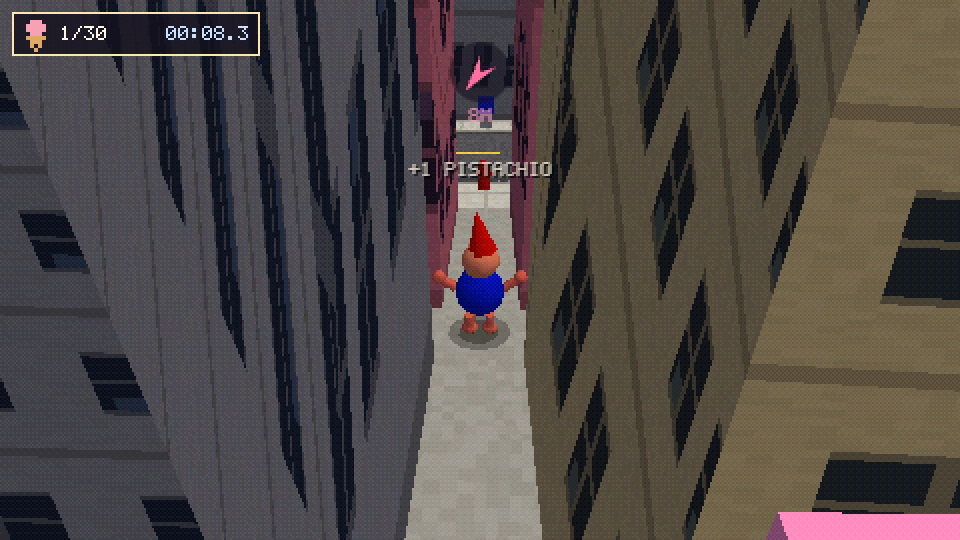 The dude in a street with a pink compass arrow and a distance readout at the top of the screen
