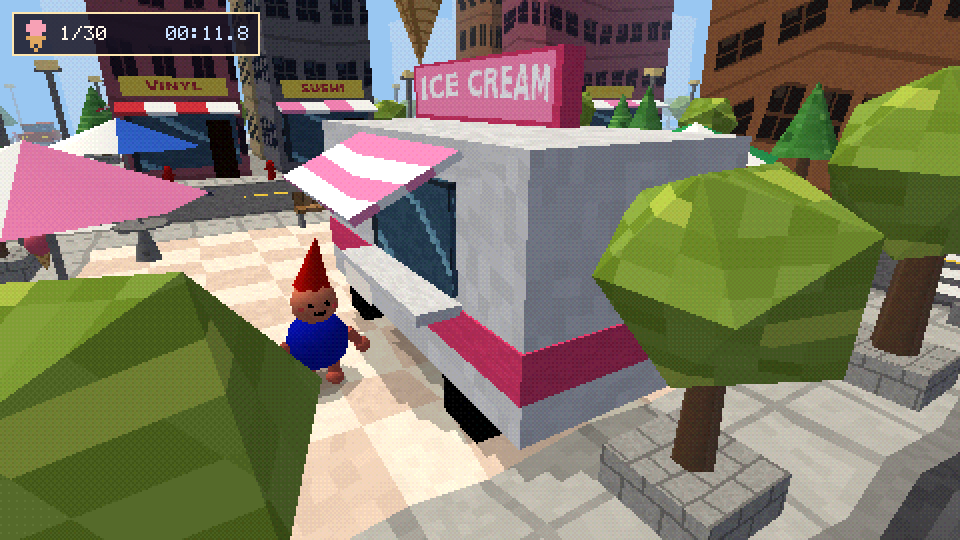 The pink and white ice cream truck on the plaza with a big cone on its roof, the dude standing beside it