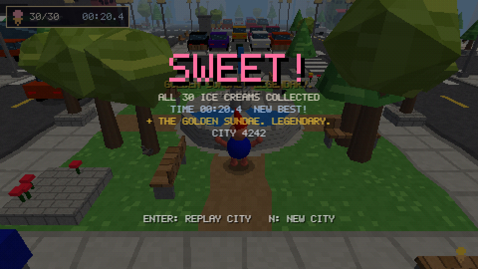 End screen reading SWEET! All 30 ice creams collected, time 00:20.4 new best, plus the golden sundae, legendary